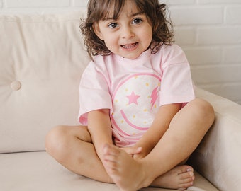 Daisy Smiley Face Oversized T-Shirt Romper - Baby Girl Bubble Romper - Baby Girl Outfit - Retro Groovy Baby Girl Clothes - Baby Girl Shirt