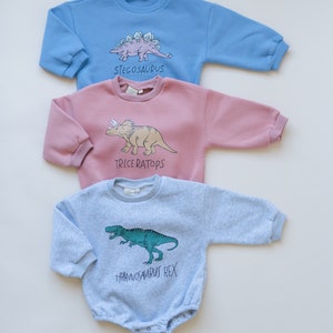 Blue Dinosaur Graphic Oversized Sweatshirt Romper Stegosaurus Baby Bubble Romper Bubble Romper Baby Boy Clothes Baby Girl Neutral image 4