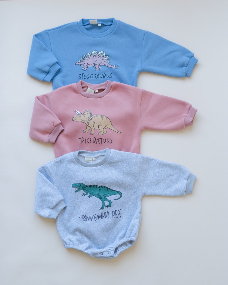 Blue Dinosaur Graphic Oversized Sweatshirt Romper Stegosaurus Baby Bubble Romper Bubble Romper Baby Boy Clothes Baby Girl Neutral image 4