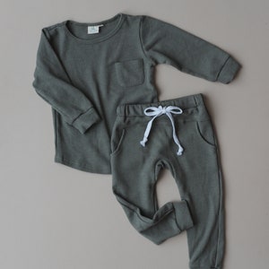 Baby & Toddler Waffle Knit Outfit Waffle Pant and Shirt Set Matching Beanie Neutral Baby Clothes Olive Gray Navy Baby Boy Clothes image 9