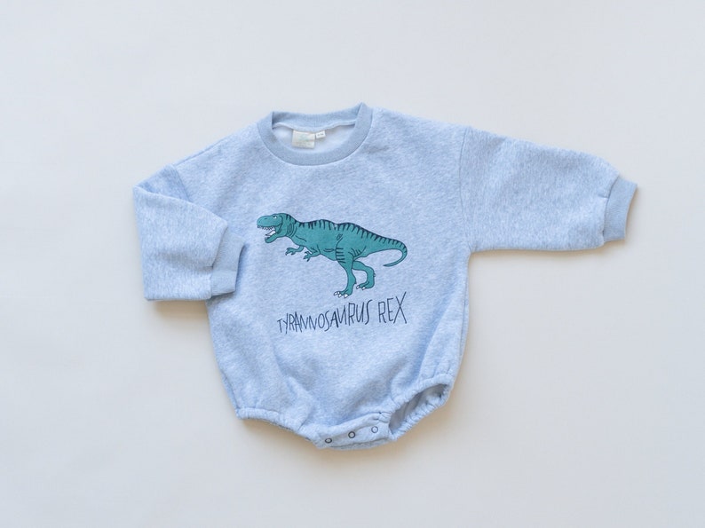 Gray Dinosaur Graphic Oversized Sweatshirt Romper T-Rex Baby Bubble Romper Bubble Romper Baby Boy Clothes Tyrannosaurus Rex image 1