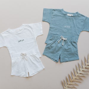 Custom Embroidered Organic Cotton Outfit Custom Name T-Shirt & Shorts Set Baby Boy Outfit Baby Girl Summer Clothes Shower Gift image 5