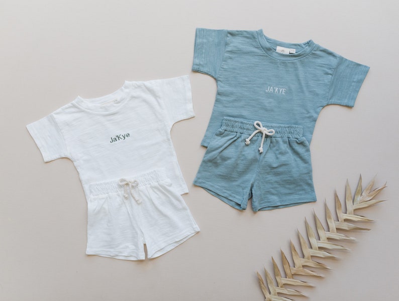 Custom Embroidered Organic Cotton Outfit Custom Name T-Shirt & Shorts Set Baby Boy Outfit Baby Girl Summer Clothes Shower Gift image 5