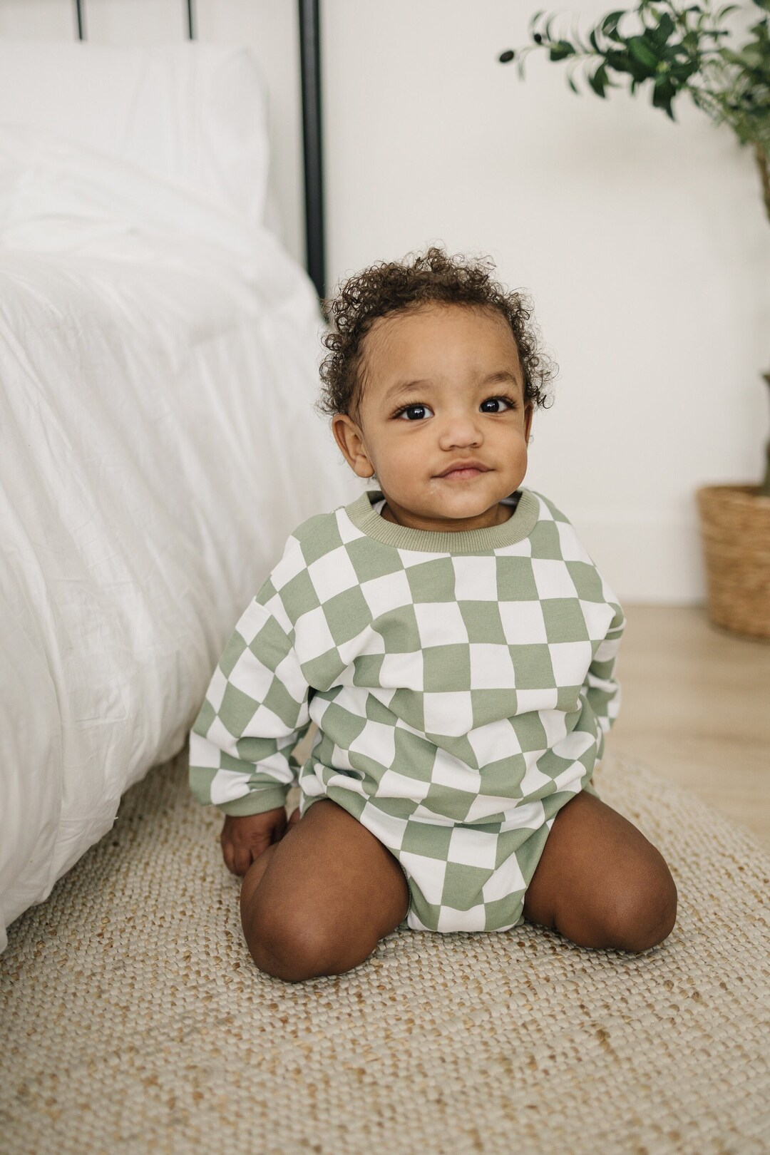Organic Cotton Checkered Baby Oversized Sweatshirt Romper Sweatshirt