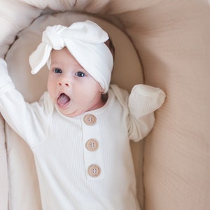 Ribbed Henley Baby Gown Baby Knotted Gown Newborn Boy Coming Home Outfit Newborn Girl Coming Home Outfit Neutral Knotted Gown White