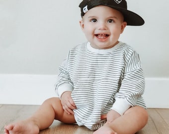 Striped Baby Oversized Sweatshirt Romper - White with Black Stripes Sweatshirt Bubble Romper - Neutral Sweatshirt Romper