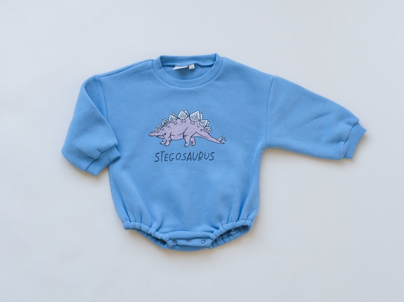 Blue Dinosaur Graphic Oversized Sweatshirt Romper Stegosaurus Baby Bubble Romper Bubble Romper Baby Boy Clothes Baby Girl Neutral image 1