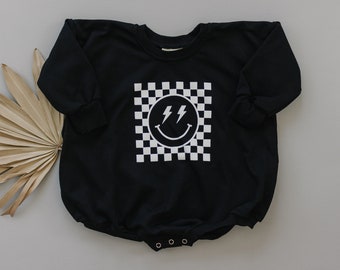 Checkered Smiley Face Design Oversized Sweatshirt Romper - Baby Boy Bubble Romper - Baby Boy Outfit - Smiley Lightning Bolt Eyes Checker