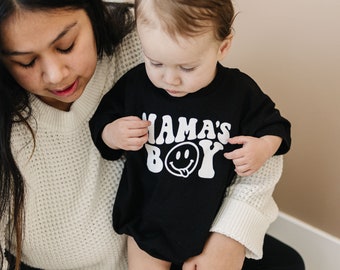 MAMA'S BOY Oversized T-Shirt Romper - Baby Boy Bubble Romper - Baby Boy Outfit - Smiley Retro Groovy - Mother's Day Outfit Shirt Top Mom