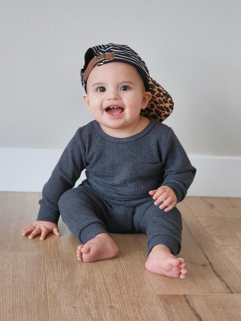 Baby & Toddler Waffle Knit Outfit Waffle Pant and Shirt Set Matching Beanie Neutral Baby Clothes Olive Gray Navy Baby Boy Clothes image 1