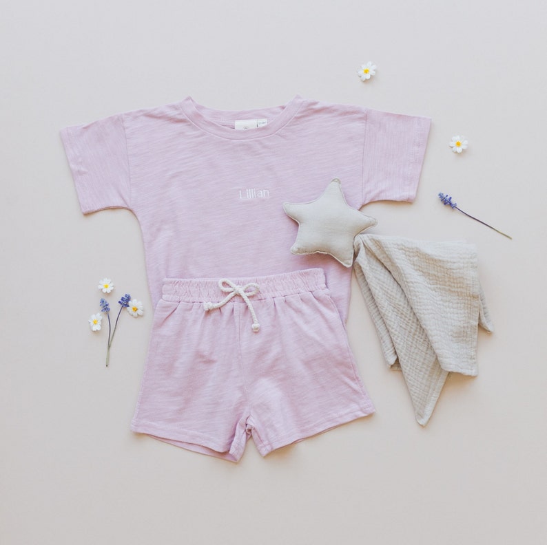 Custom Embroidered Organic Cotton Outfit Custom Name T-Shirt & Shorts Set Baby Boy Outfit Baby Girl Summer Clothes Shower Gift Pink