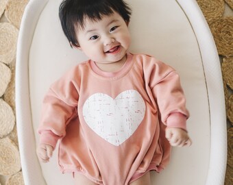 Distressed Heart Graphic Oversized Sweatshirt Romper - Grunge Heart Sweatshirt Bubble Romper - Baby Girl Clothes - V-Day - Valentines Day