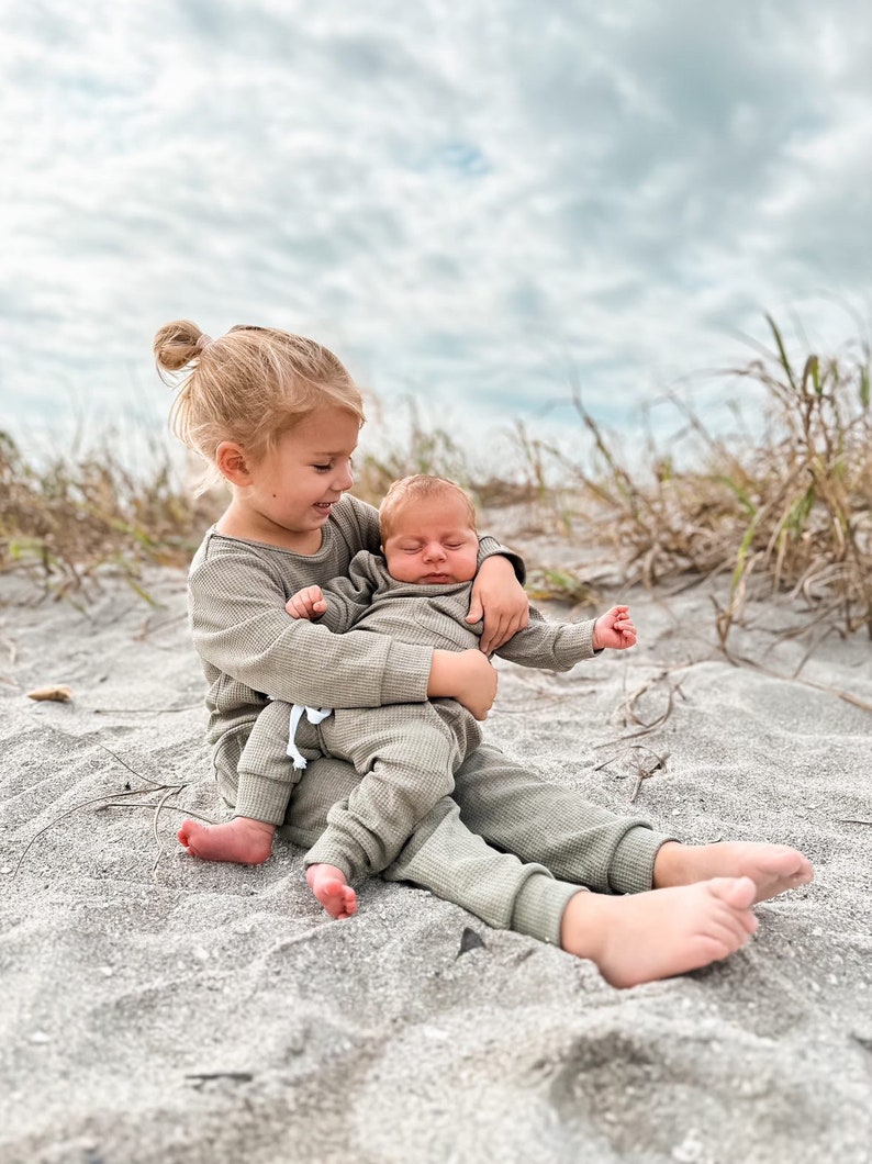 Baby & Toddler Waffle Knit Outfit Waffle Pant and Shirt Set Matching Beanie Neutral Baby Clothes Olive Gray Navy Baby Boy Clothes image 5