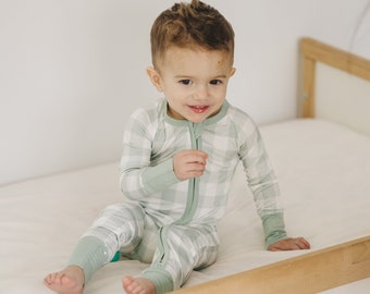 Sage Gingham Bamboo Zippy Romper - Green Plaid Neutral Easter Pajamas - Baby Bamboo Pajamas - PJs - Zipper Romper - Boy Girl - Spring Bunny