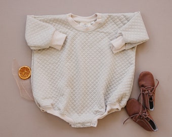 Quilted Oversized Sweatshirt Romper - Sweater Romper - Bubble Romper - Neutral Baby Clothes - Baby Boy or Girl Outfit - Beige Baby Clothes