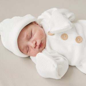 Waffle Knotted Baby Gown - Newborn Coming Home Outfit - Gown & Hat Set