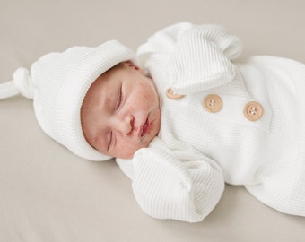 Waffle Knotted Baby Gown - Newborn Coming Home Outfit - Gown & Hat Set