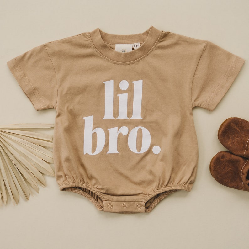 Organic Cotton Lil Bro Graphic Bubble Romper T-Shirt Romper Baby Boy Clothes Little Brother Pregnancy Announcement Gender Reveal image 2