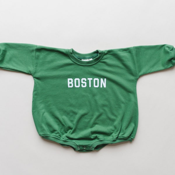 BOSTON Graphic Oversized Sweatshirt Romper - Baby Bubble Romper - Sweatshirt Bubble Romper - Baby Boy Clothes - Celtics - St. Patrick's Day