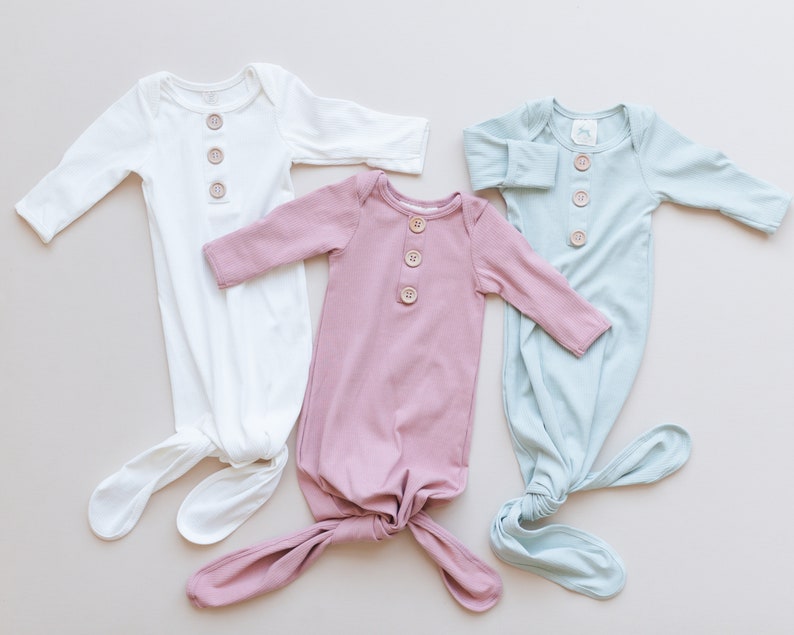 Ribbed Henley Baby Gown Baby Knotted Gown Newborn Boy Coming Home Outfit Newborn Girl Coming Home Outfit Neutral Knotted Gown image 1