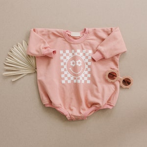 Daisy Checker Smiley Face Oversized Sweatshirt Romper Bubble Romper Baby Girl Clothes Baby Girl Outfit Retro Flower Smiley Groovy Salmon