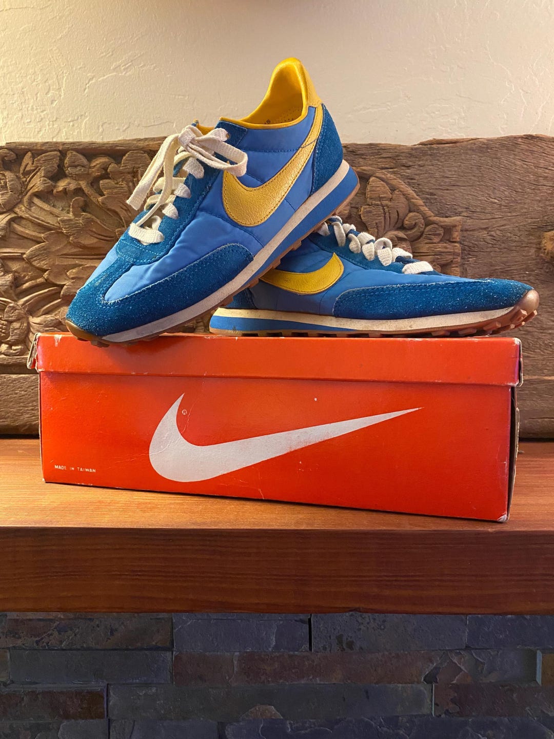 Yellow Blue Vintage Nike Waffle Trainers, Lady Roadrunner