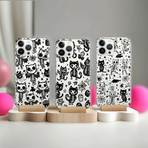 Gothic Skeleton Cat iPhone Case for iPhone 16 15 Pro Max 15 Plus 14 Pro 13 12 11 XR XS Max SE 8 7 Cute Halloween Black White Spooky The Boo
