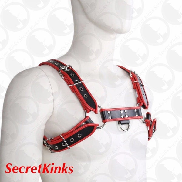 Mens bondage leather harness black and red