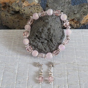 Pink and silver stretch bracelet and earring set