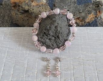 Pink and silver stretch bracelet and earring set
