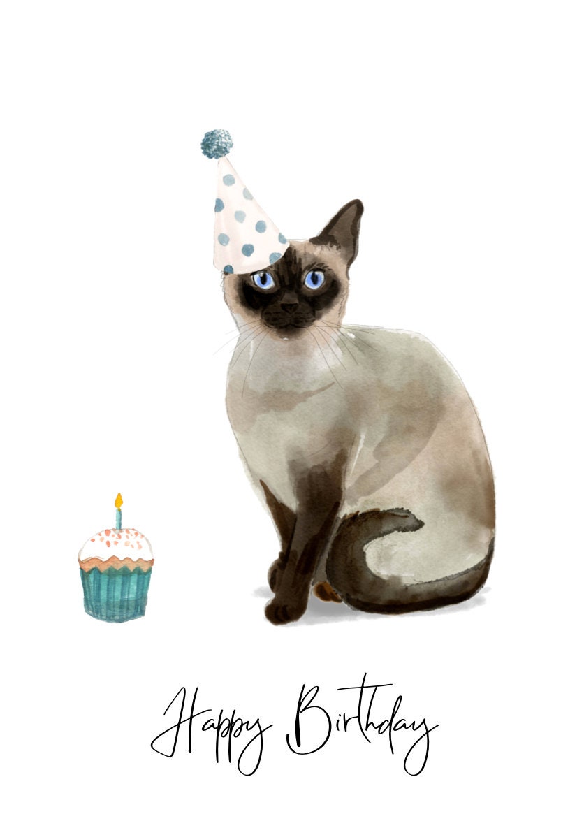 Siamese Cat Birthday card Print at home Digital item | Etsy