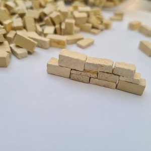 May include: A collection of small, rectangular, light beige bricks, some scattered and others arranged to form a miniature wall. The bricks have a rough, textured surface and are likely made of a natural material.