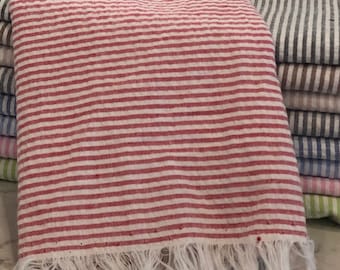 100% Algodón Rojo De raya media seersucker tela 57/58"