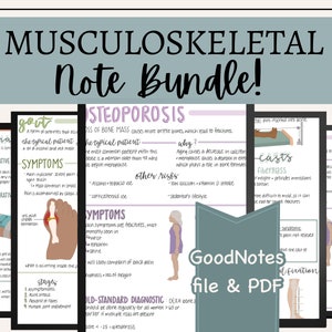 May include: A Musculoskeletal Note Bundle in PDF and GoodNotes file format. The image shows several pages with handwritten notes on topics like gout, osteoporosis, and casts. The notes include diagrams and lists of symptoms and treatments.