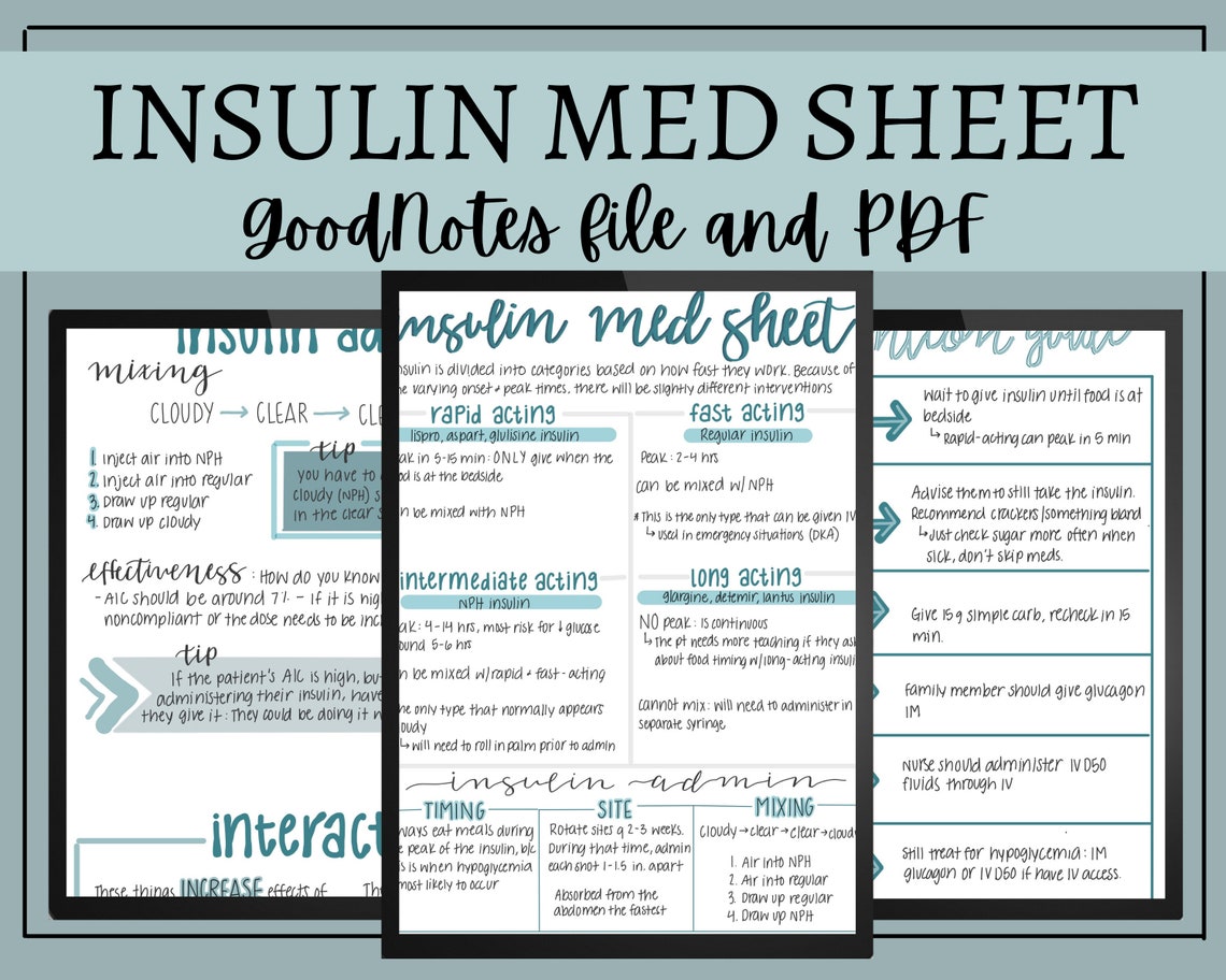 Insulin Med Sheet Nursing Notes // Digital Download // Goodnotes File