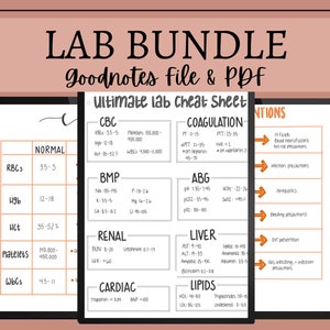 May include: A digital lab bundle for Goodnotes and PDF, featuring an ultimate lab cheat sheet. The sheet includes normal ranges for CBC, BMP, Renal, Cardiac, Coagulation, ABG, Liver, and Lipids. The text is in black and white.