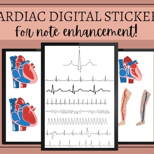 Könnte beinhalten: Digitale Aufkleber zur Notizenverbesserung. Das Bild zeigt Illustrationen des Herzens, der Venen und verschiedener Elektrokardiogramm- (EKG-)Wellenformen. Der Text oben lautet "CARDIAC DIGITAL STICKERS for note enhancement!"