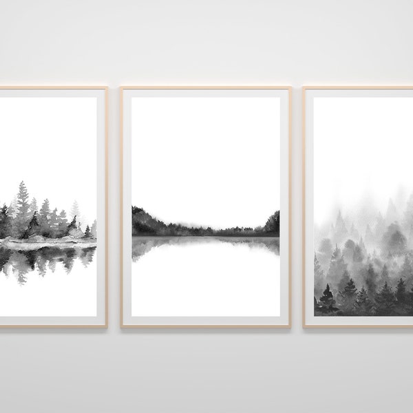 Nordic scandinavian forest, monochrome tree watercolor painting, minimalist nature, black and white , landscape , woodland, forest