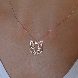 Collier Origami Cat/ Collier Puma en argent plissé doré/ Chaîne en argent sterling/Chaîne en or rose 18 carats