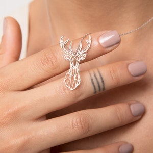 Collier cerf en argent/ collier en bois de cerf origami/ collier en or rose