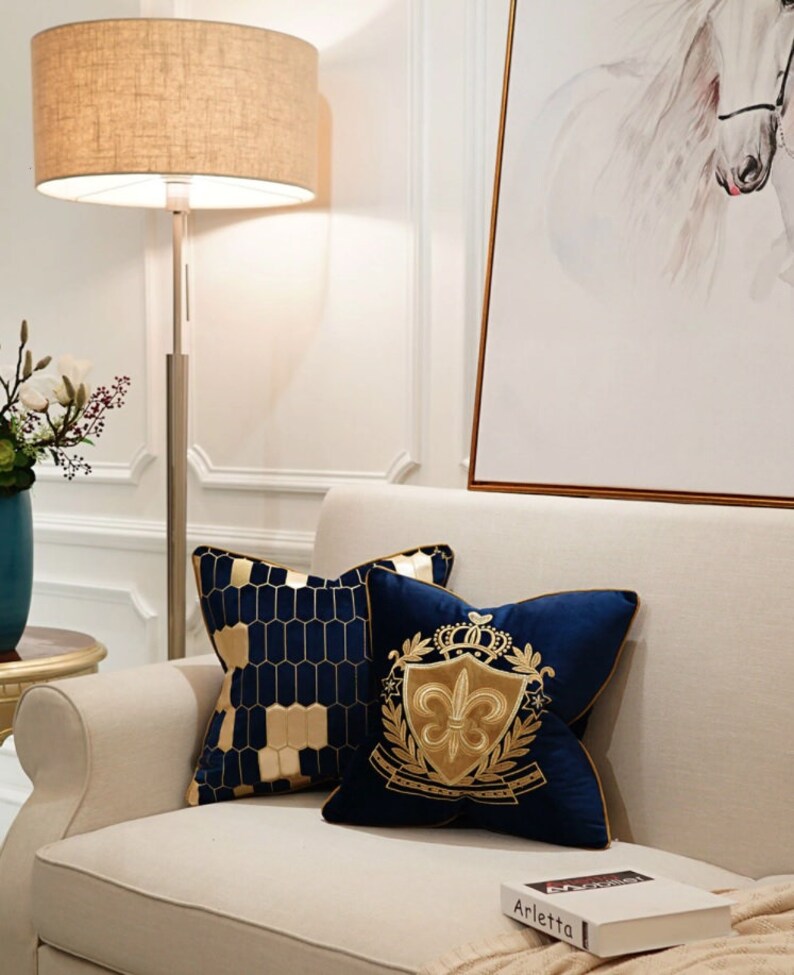 Royal Blue Golden Cushion Cover Luxury Design Cushion Cover Etsy
