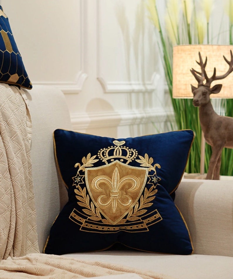 Royal Blue Golden Cushion Cover Luxury Design Cushion Cover Etsy