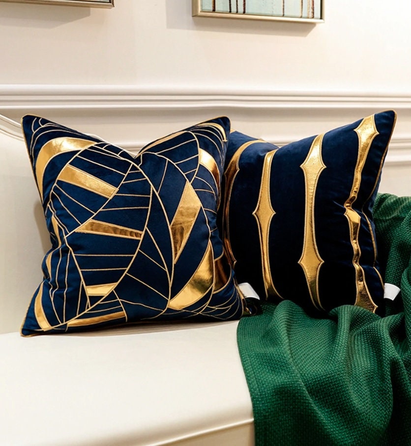 Royal Blue Golden Cushion Cover Luxury Design Cushion Cover Etsy