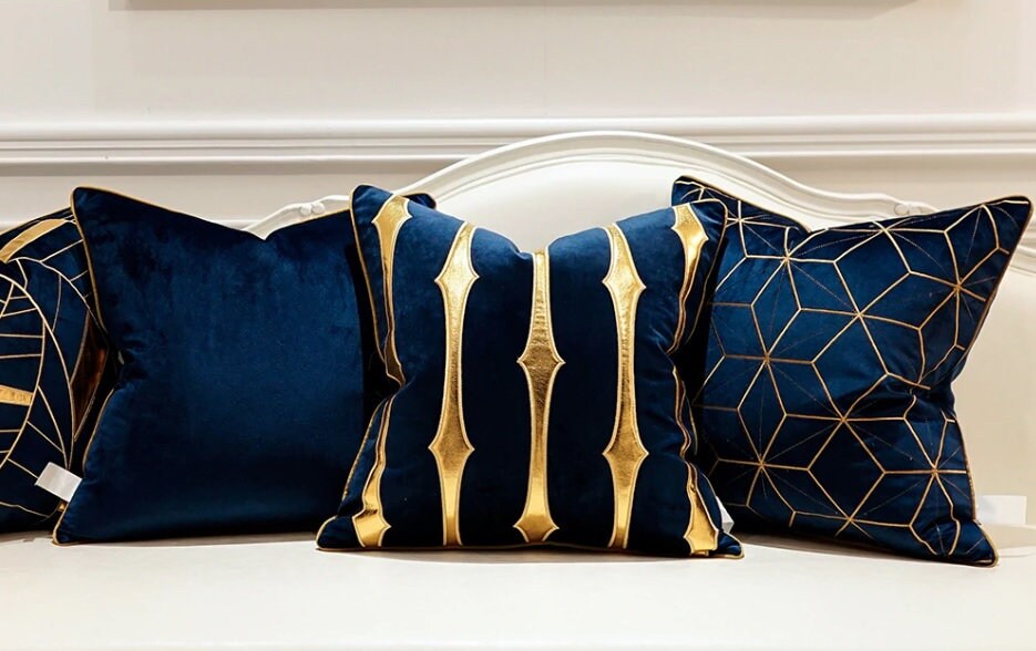 Royal Blue Golden Cushion Cover Luxury Design Cushion Cover Etsy