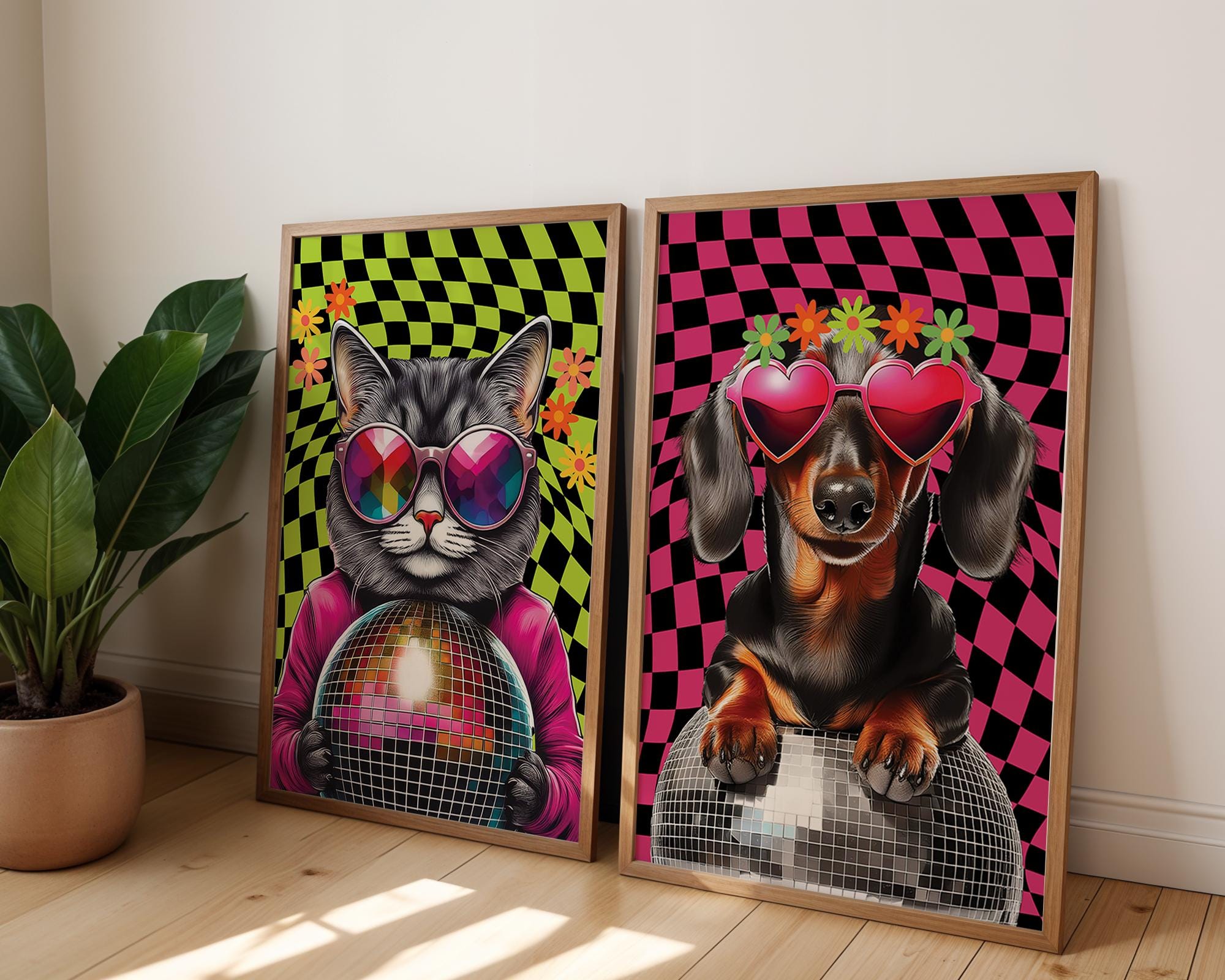 Disco Cat & Dog Set of 2 Posters, Trendy Teen Dorm Room Decor