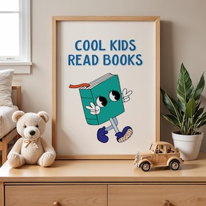 Cool Kids Read Books Poster, Fun Kids Wall Art, Reading Classroom Decor, Book Lover Gift, Playful Library Print Digital Download Retro Funky
