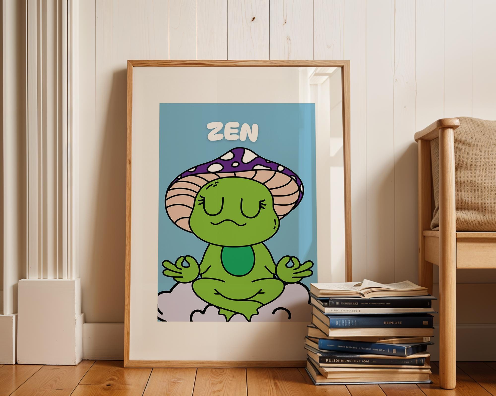 Zen Frog Poster: Retro Cartoon on Cloud - Funky Home Decor