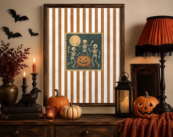 Lámina decorativa de esqueletos de Halloween para imprimir, póster de esqueletos bailando, decoración vintage de Halloween, lámina de calabazas, descarga digital retro espeluznante.
