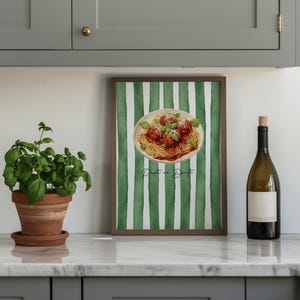 Pôster de cozinha Pasta al Dente, arte de parede de comida italiana, impressão de almôndegas de espaguete, decoração retrô com listras verdes para sala de jantar, download digital descolado