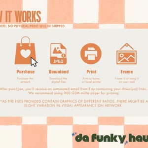 May include: An instructional graphic titled HOW IT WORKS with a peach and white checkered background. It features four orange icons representing purchase, download, print, and frame steps, with text explaining the digital file process and the brand name da funky haus.